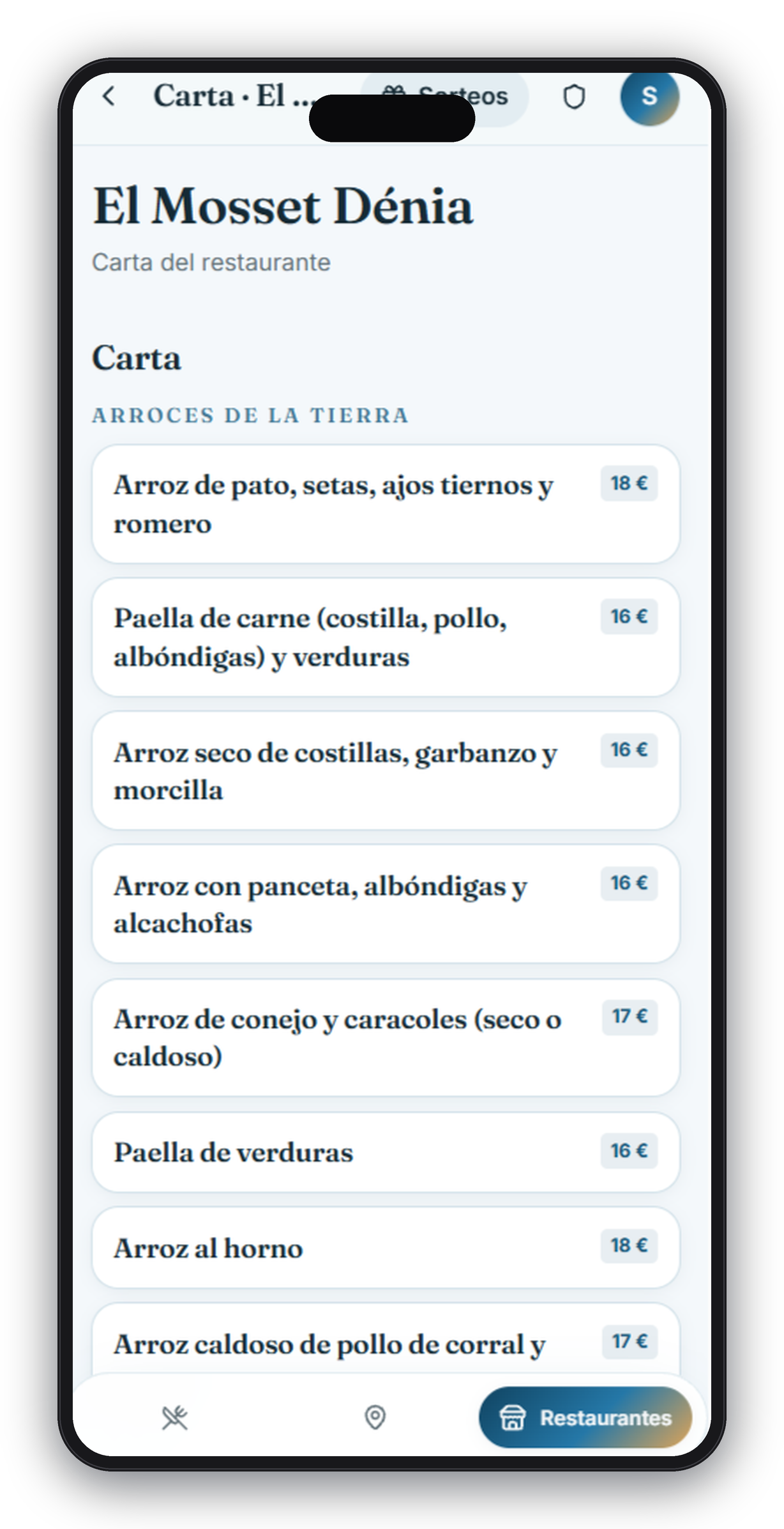 App Jornadas Gastronómicas — carta digital del restaurante