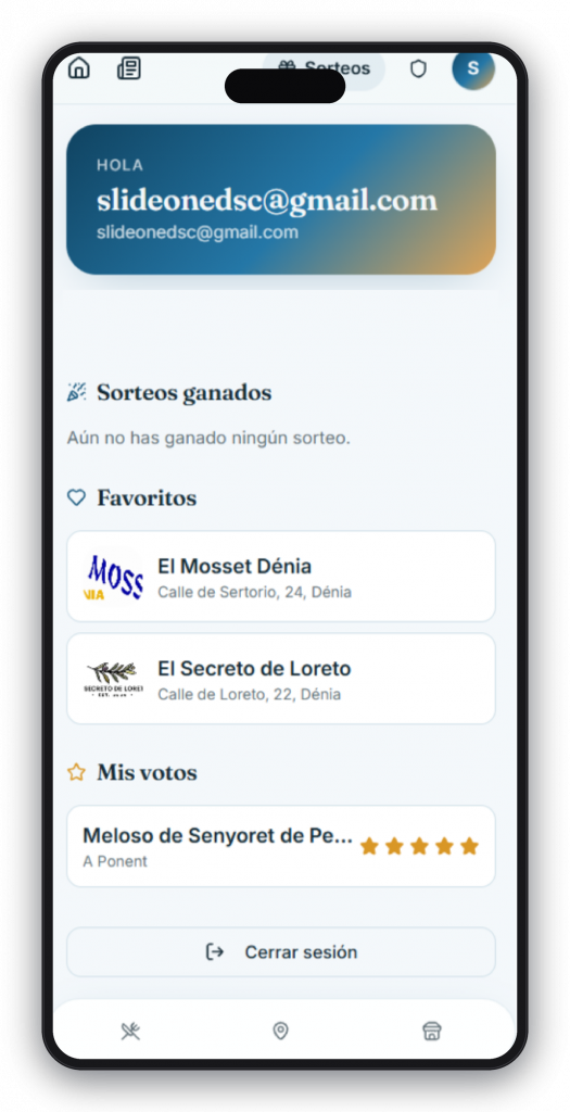 App Jornadas Gastronómicas — perfil del usuario con sus favoritos