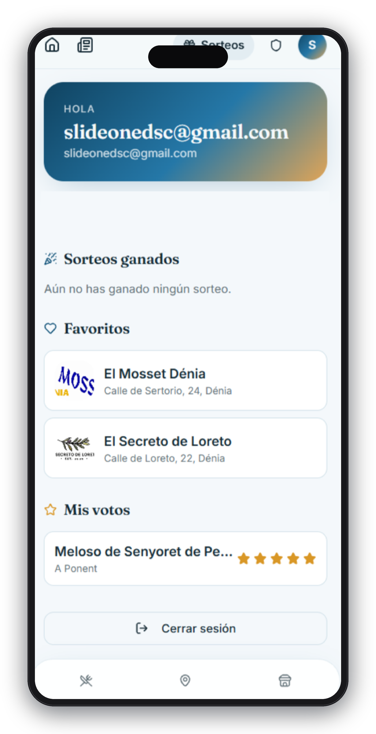 App Jornadas Gastronómicas — perfil del usuario con sus favoritos