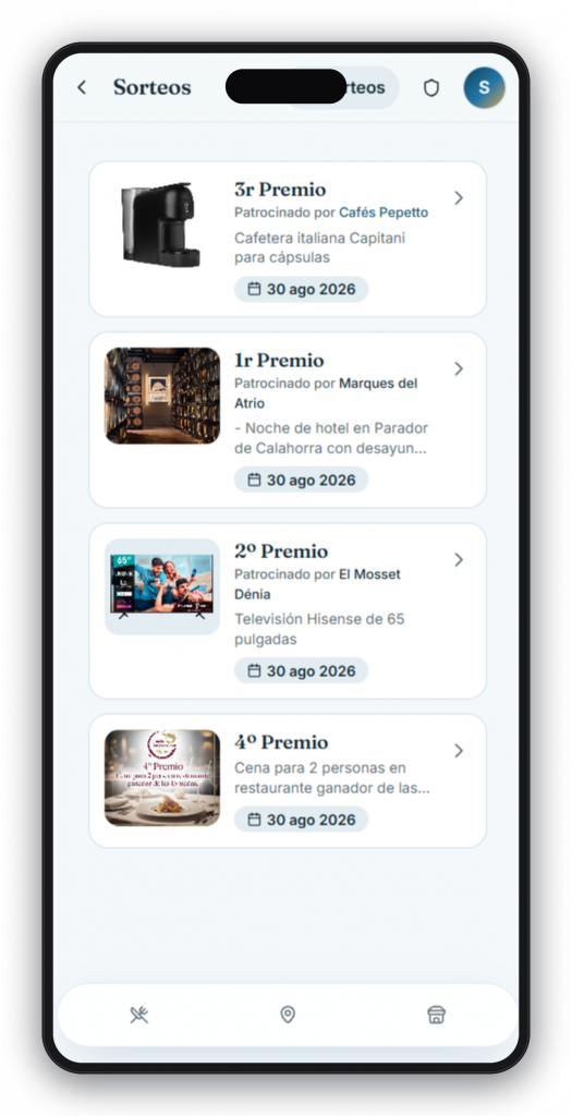 Listado de sorteos activos en la app