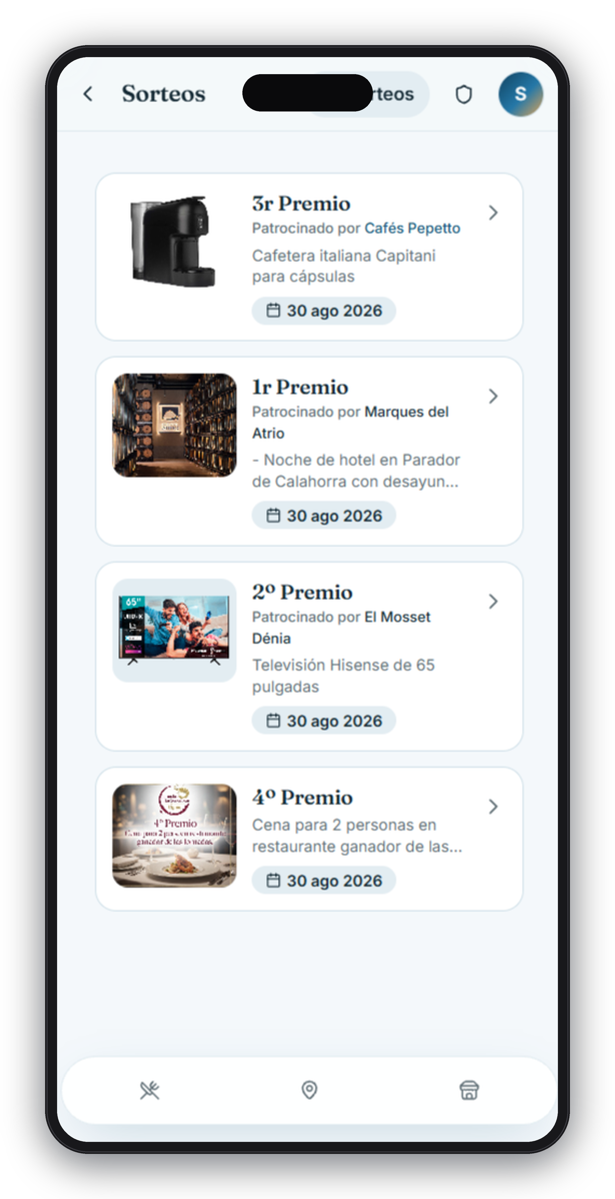 App Jornadas Gastronómicas — listado de sorteos activos