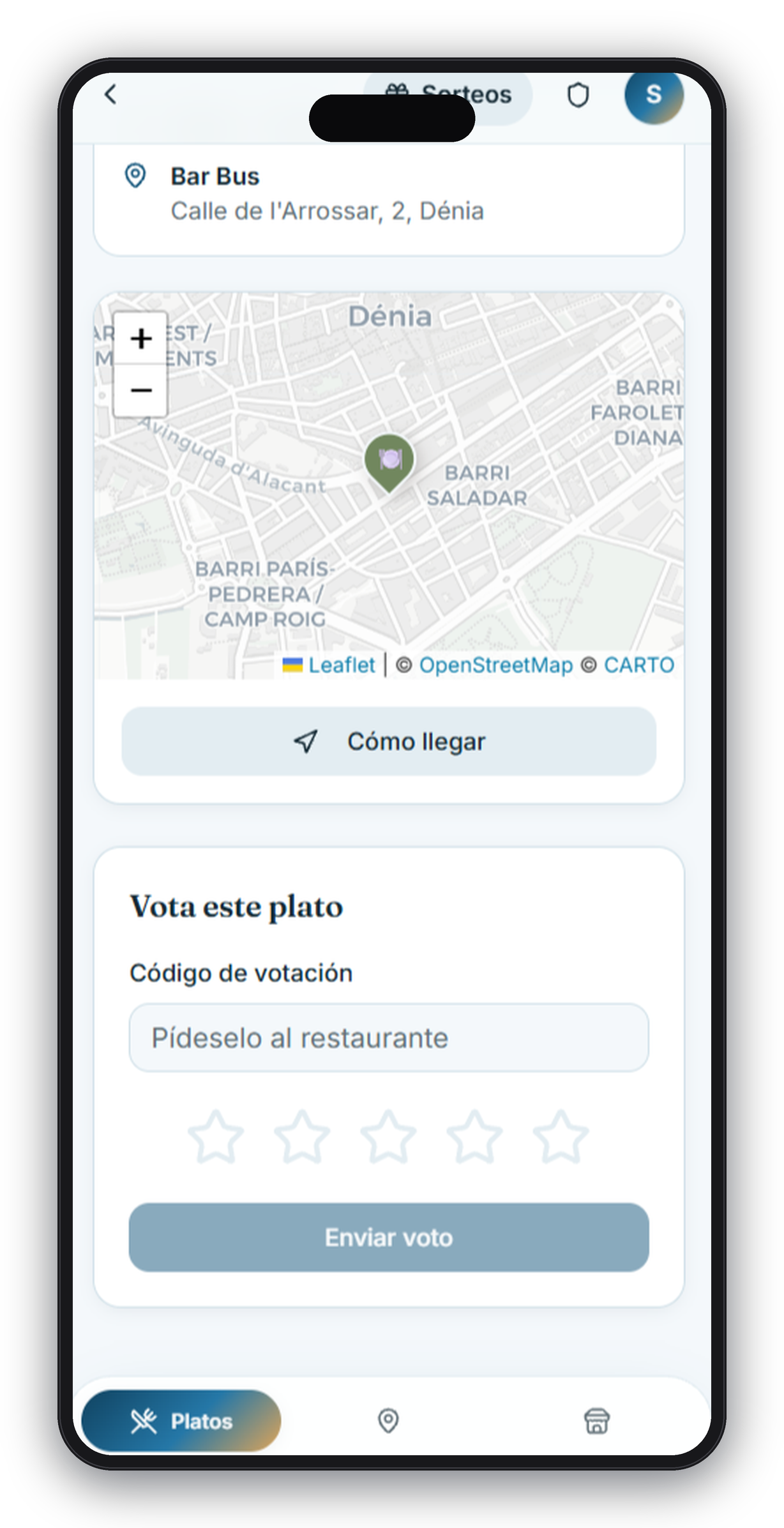 App Jornadas Gastronómicas — votación de un plato por código